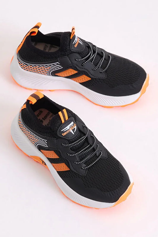 Tonny Black Boy's Black Orange Comfortable Breathable Fabric Lace-Up Sport Shoes