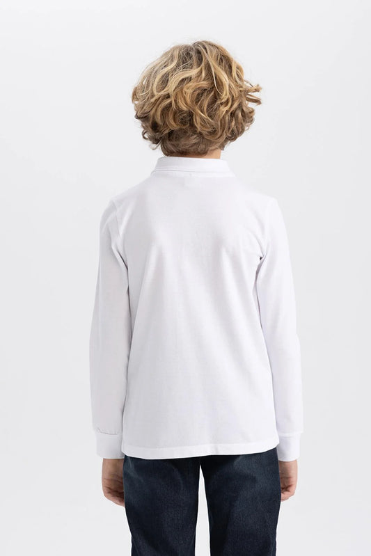 Defacto Boy's White Regular Fit Polo Collar Pique Long Sleeve Polo T-Shirt