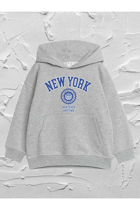Vask Boy's Blue New York Logo Hooded Oversize Sweatshirt