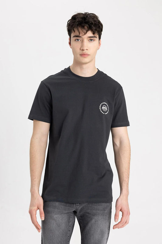 Defacto Men's Black Slim Fit Crew Neck Printed Short Sleeve T-Shirt