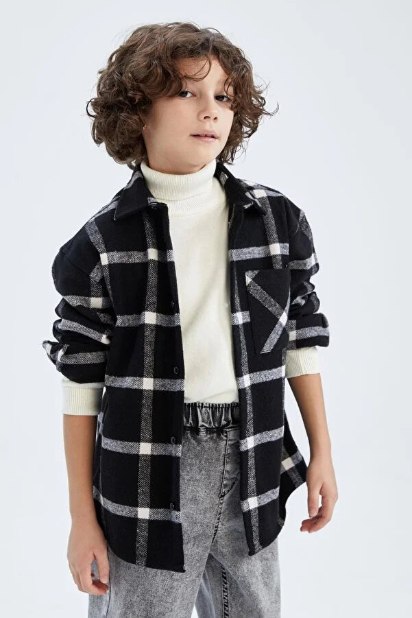 Defacto Boy's Black Long Sleeve Flannel Shirt