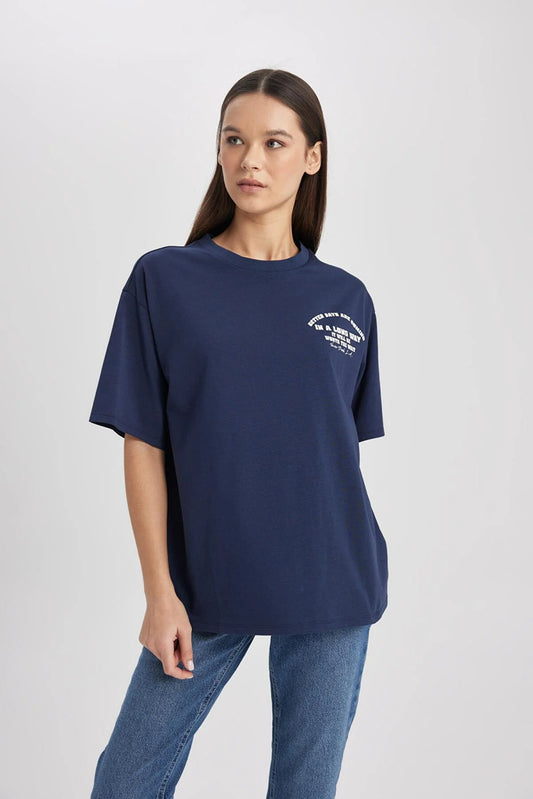 Defacto Women's Navy Blue Loose Fit Crew Neck Printed Short Sleeve T-Shirt