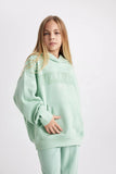 Defacto Girl's Light Green Oversize Fit Hooded Thick Sweatshirt