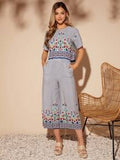 Lune Women's Floral Print Top And Striped Wide Leg Pants Sets