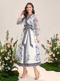 Floral Print Lantern Sleeve Belted Dress