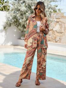 Vcay Women's Print Shirt & Wide Leg Pants Sets