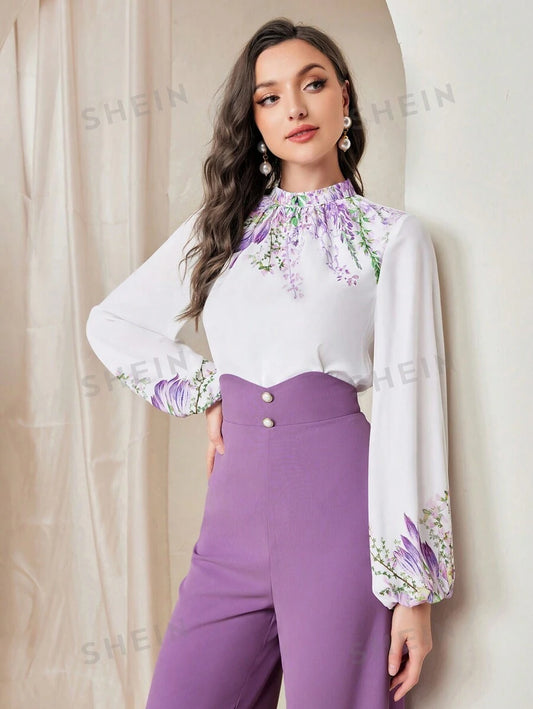 Modely Women's Floral Print Collar Shirt And Pants Sets