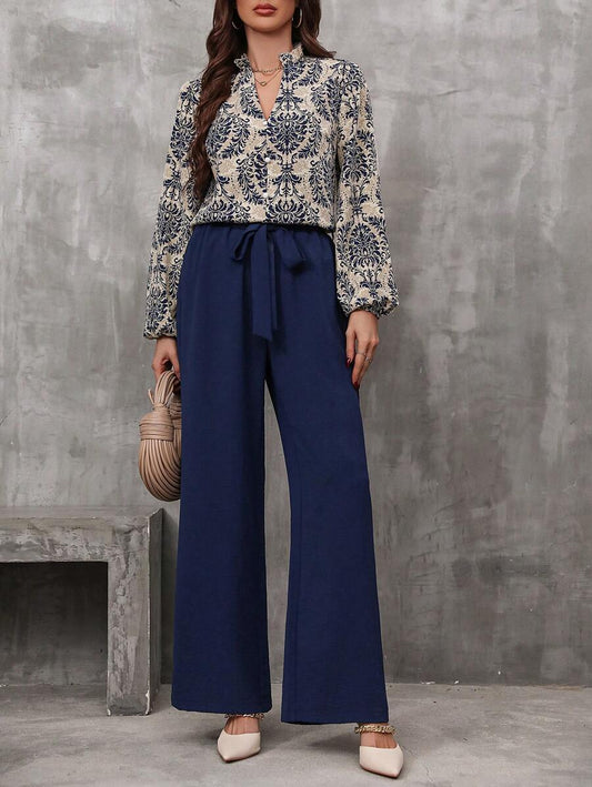 Lune Women's Print All Over Lantern Sleeve Blouse & Belt Wide Leg Pants Sets