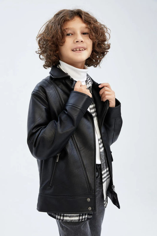 Defacto Boy Black Water Repellent Faux Leather Jacket Coat