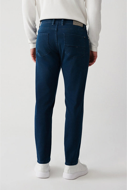 Avva Men's Indigo Antique Washed Flexible Slim Fit Trousers Jeans