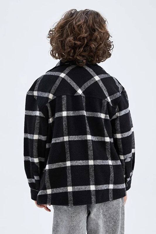 Defacto Boy's Black Long Sleeve Flannel Shirt