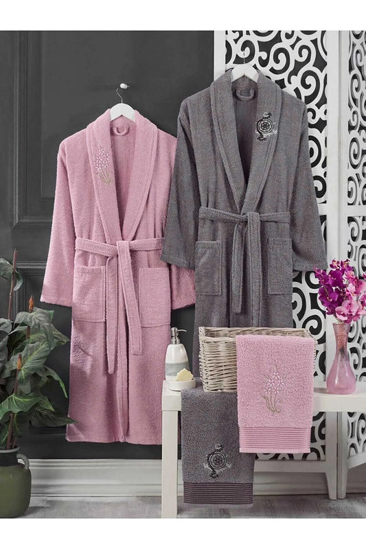 Elmira Textile Women's Pink - Gray Towel 4 Piece Bathrobe