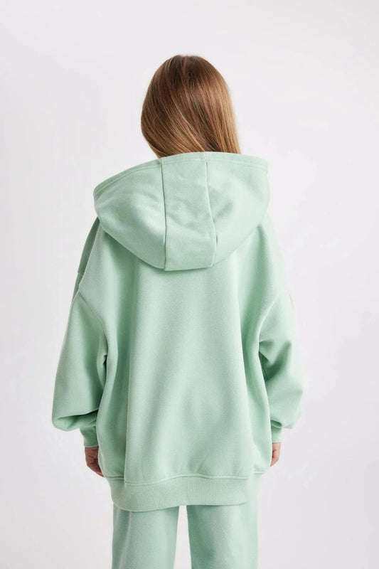 Defacto Girl's Light Green Oversize Fit Hooded Thick Sweatshirt