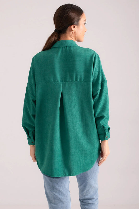 Armonika Women's Dark Green Pocket Oversize Slim Corduroy Shirt