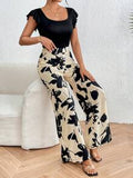 Lune Women's Square Neck Top With Sleeve And Floral Printed Pants Sets