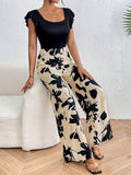 Lune Women's Square Neck Top With Sleeve And Floral Printed Pants Sets