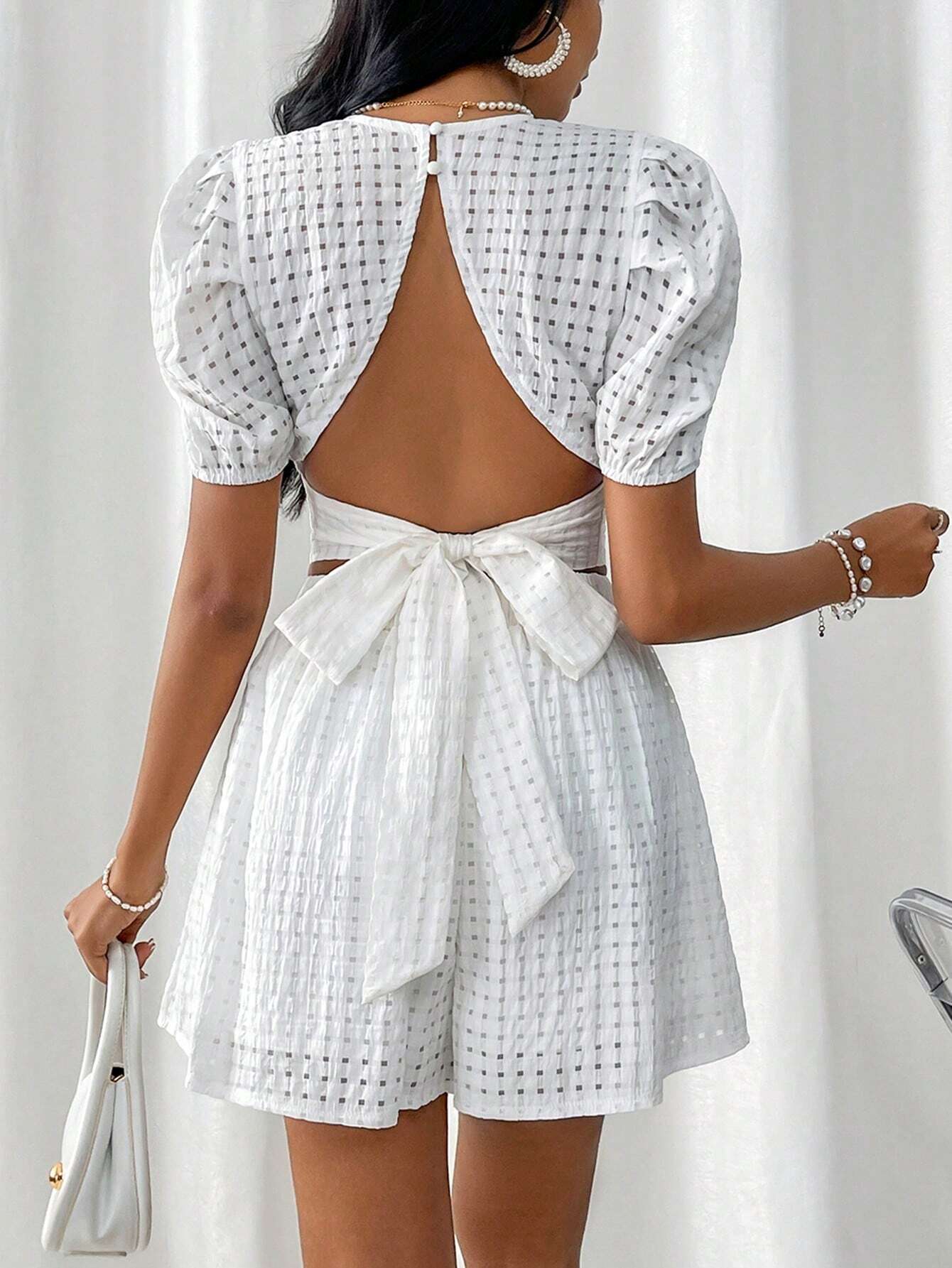 Backless String Crop Privé Women's Backless Puff Sleeve Crop Top And Drawstring Shorts Sets ...