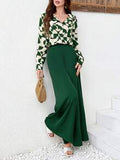 Modely Women's  Print Button Front Shirt With Gradient Wide Leg Pants Sets