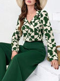 Modely Women's  Print Button Front Shirt With Gradient Wide Leg Pants Sets