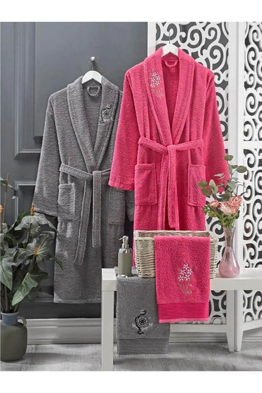 Elmira Textile Women's Fuchsia - Gray Towel 4 Piece Bathrobe