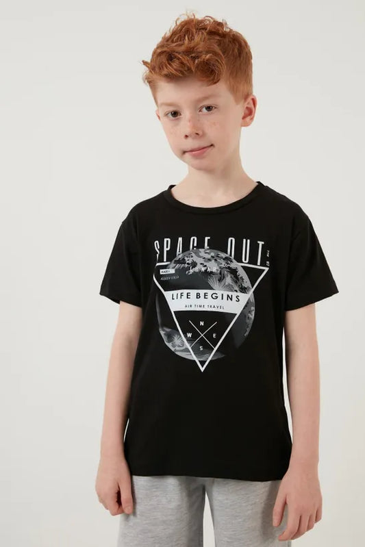 Lela Boy's Black Printed Crew Neck Cotton T-Shirt