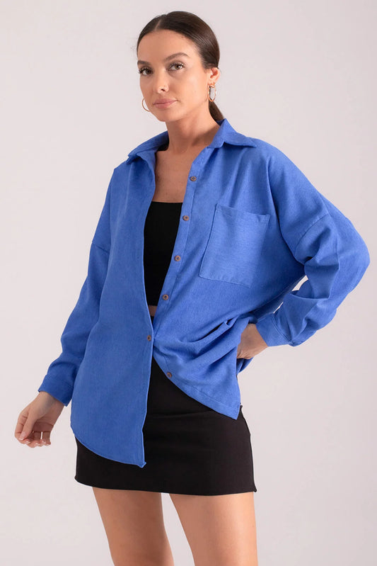 Armonika Women's Blue Pocket Oversize Slim Corduroy Shirt