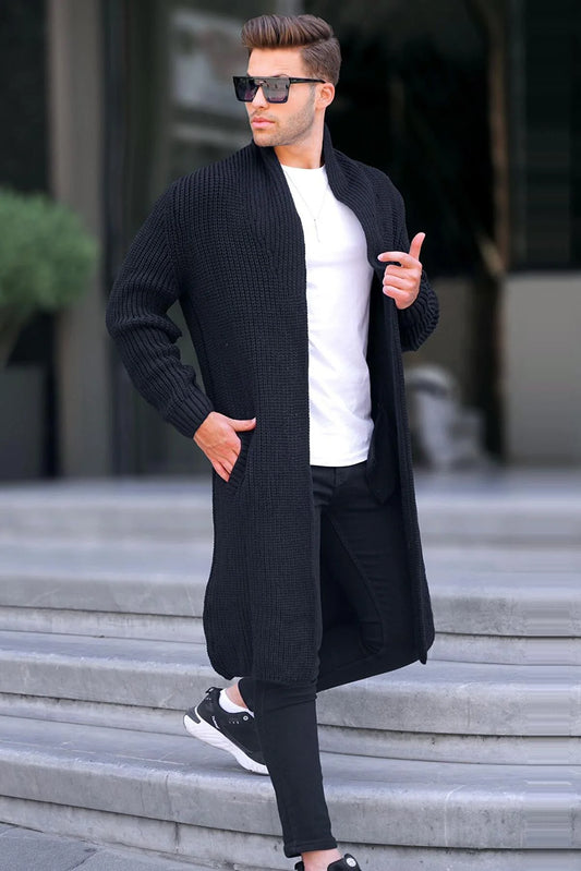 Madmext Men's Black Stand-Up Collar Long Knitwear Cardigan