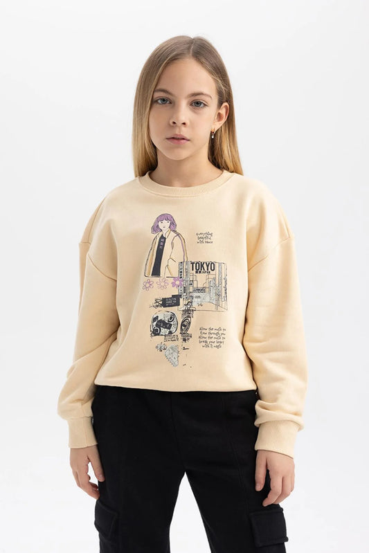Defacto Girl's Regular Fit Crew Neck Sweatshirt