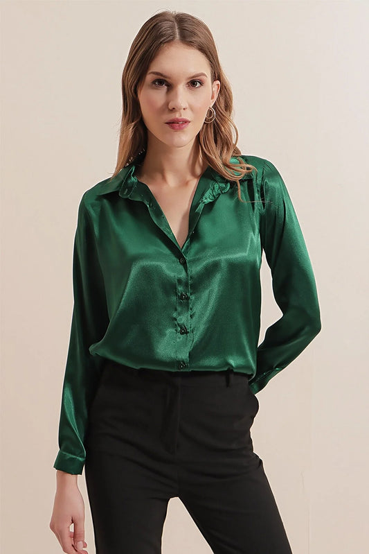 Bigdart Women's Green Lightly Flowing Satin Shirt