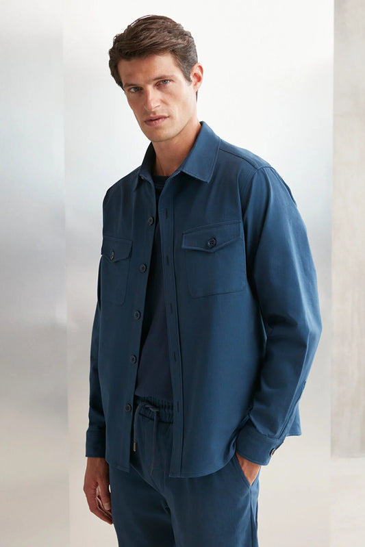 Grimelange Men's Blue Woven Thick Textured Surface Flap Pocket Buttoned Jacket