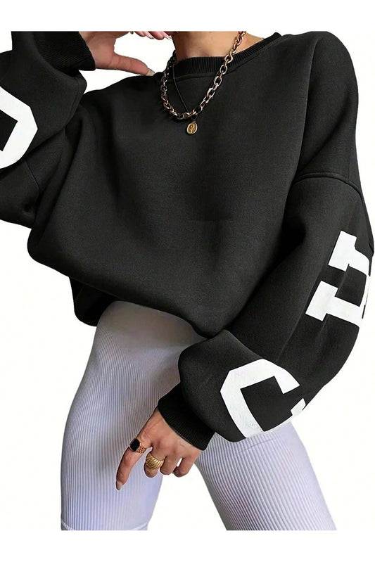 Know Women's Black Sleeves Chicago Printed Oversize Crew Neck Sweatshirt