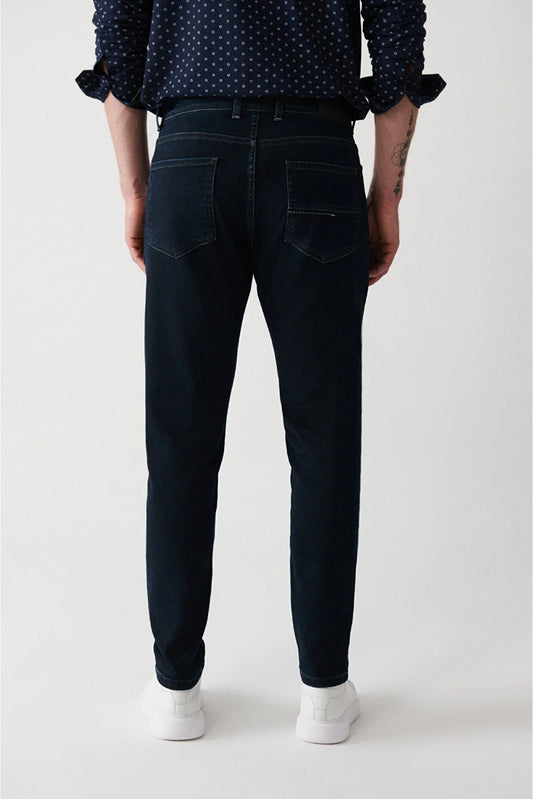 Avva Men's Navy Blue Antique Washed Flexible Slim Fit Trousers Jeans