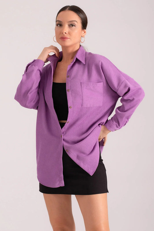 Armonika Women's Lilac Pocket Oversize Slim Corduroy Shirt