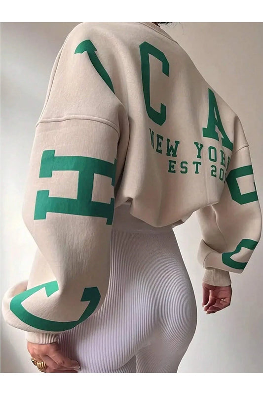 Know Women's Beige Sleeves Chicago Printed Oversize Crew Neck Sweatshirt