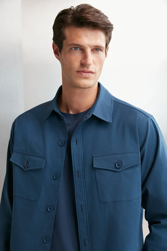 Grimelange Men's Blue Woven Thick Textured Surface Flap Pocket Buttoned Jacket