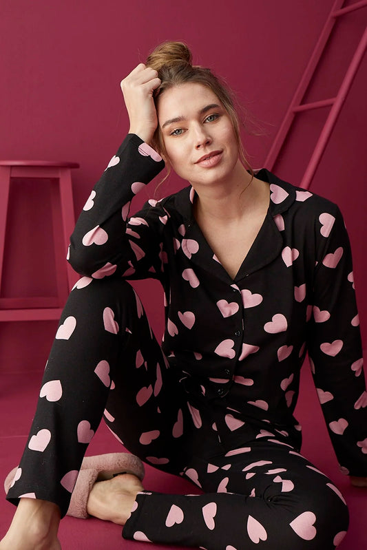 Strawberry Women's Black Cotton Buttoned Pajama
