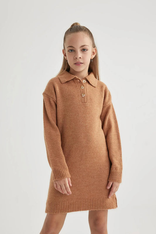 Defacto Girl's Brown Polo Neck Long Sleeve Knitwear Dress