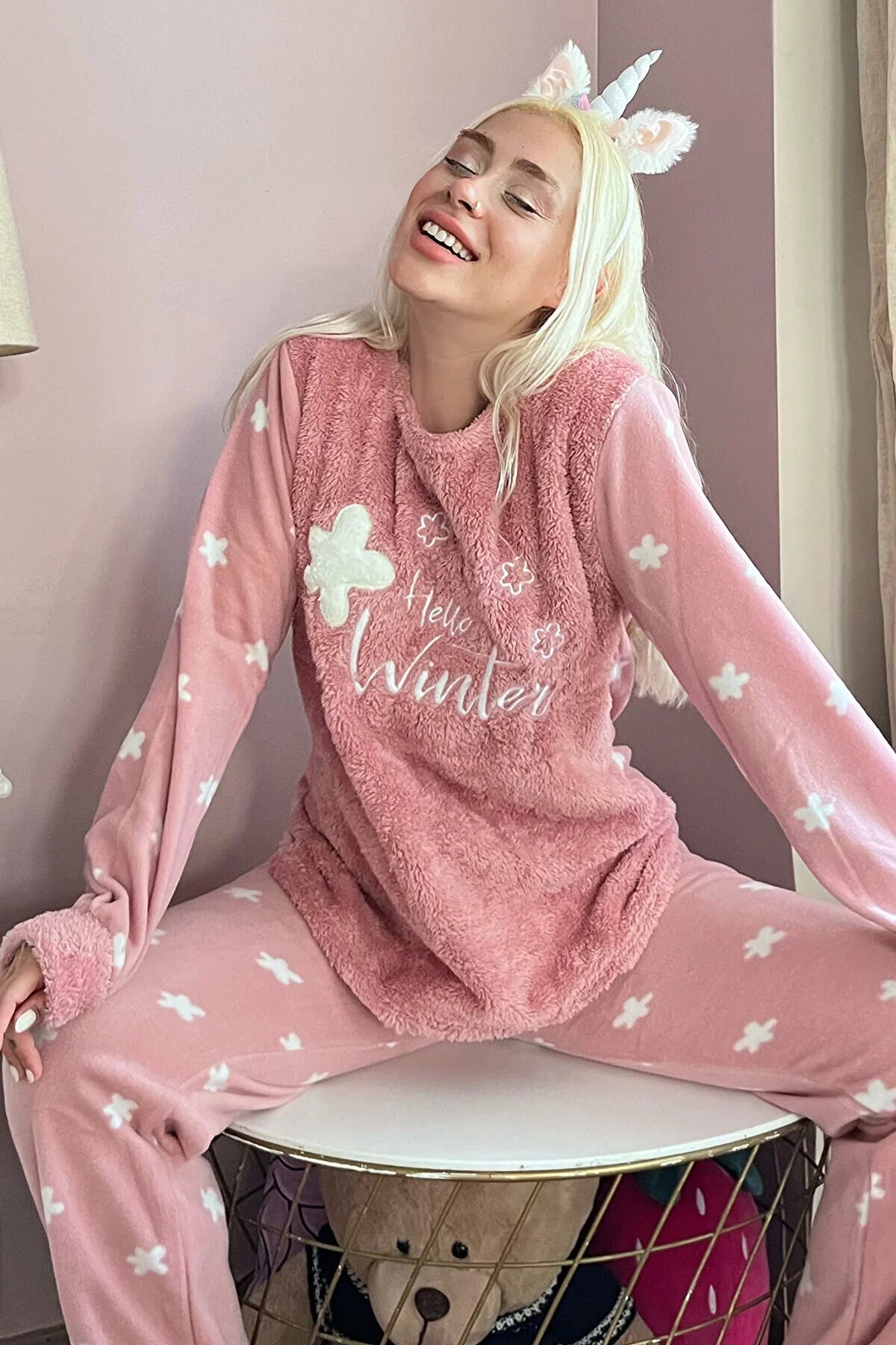 Pijamaevi Women's Pink Hello Winter Patterned Women's Plush Pajama