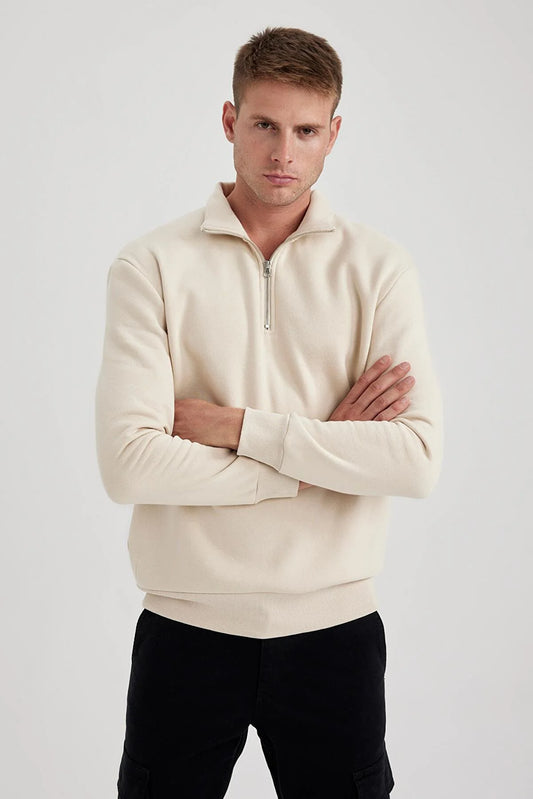 Defacto Men's Beige Comfort Fit Zippered High Collar Sweatshirt
