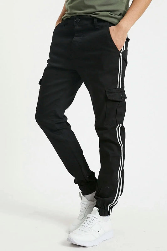 Tarz Cool Men's Black Slim Fit Cargo Pocket Striped Lycra Pants