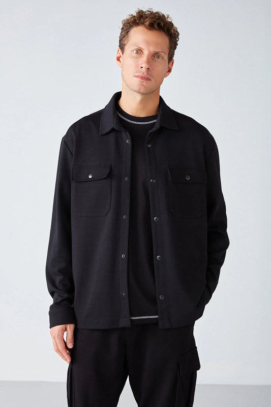 Grimelange Men's Special Textured Thick Fabric Black Jacket