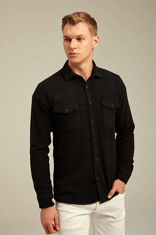 Tarz Cool Men's Black Plain Lumberjack Shirt