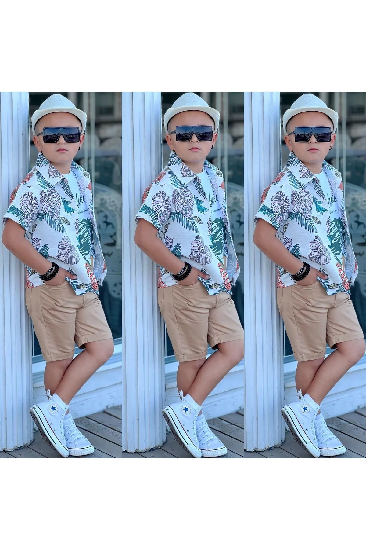 Alpids Boy's 4 Pcs  With Straw Hat Sets