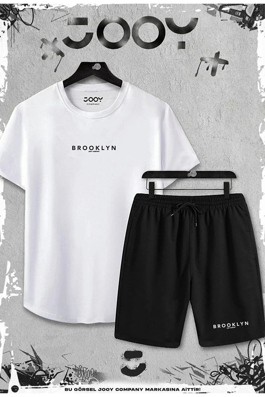 Jooy Company 2-Piece Brooklyn Printed Slim Fit White Tshirt - Set with Black Shorts