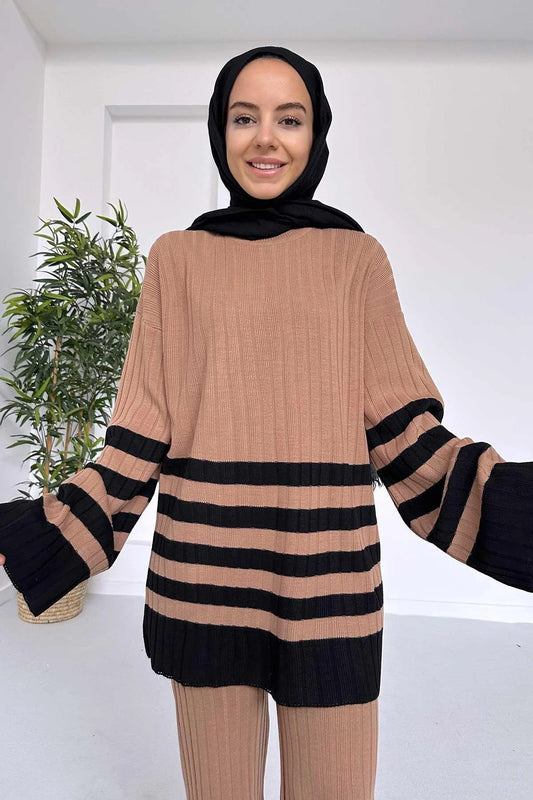 Ka Hijab Women's Double Color Striped Knitwear Set Hijabs