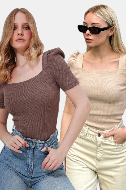 Trend Alaçatı Style Women's Square Collar 2-Pack Princess Sleeve Regular Fit Blouse