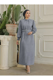 Hijabiya Women's Collar Gathered Sleeves Belted Linen Dress Hijabs