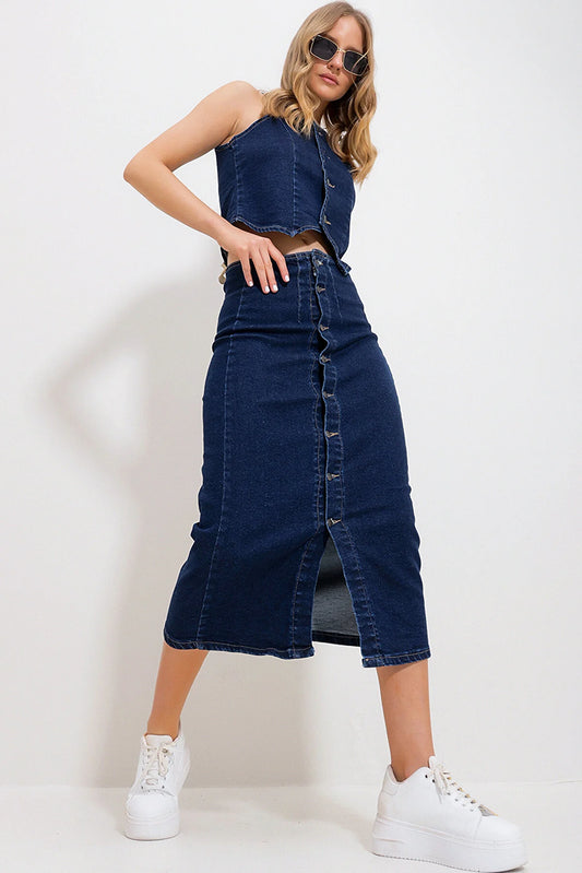 Trend Alacatı Style Women's Navy Blue Buttoned Jean Skirt
