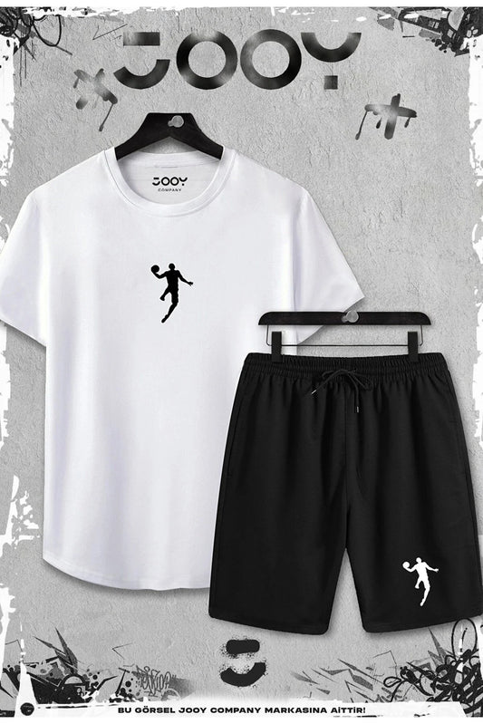 Jooy Company 2-Piece Basketball Player Slim Fit White Tshirt - Black Shorts Set