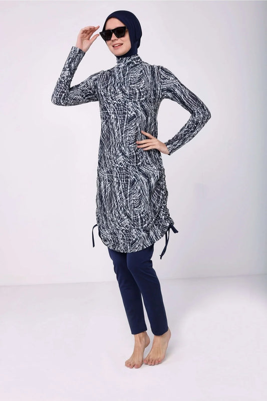 Tesmay Women's Navy Blue Gray Patterned Hijab Set of 4 Lycra Swimsuit Hijabs